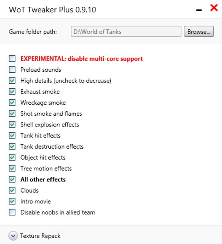 Wot tweaker plus: program can turn off any effects and texture compression of the game.