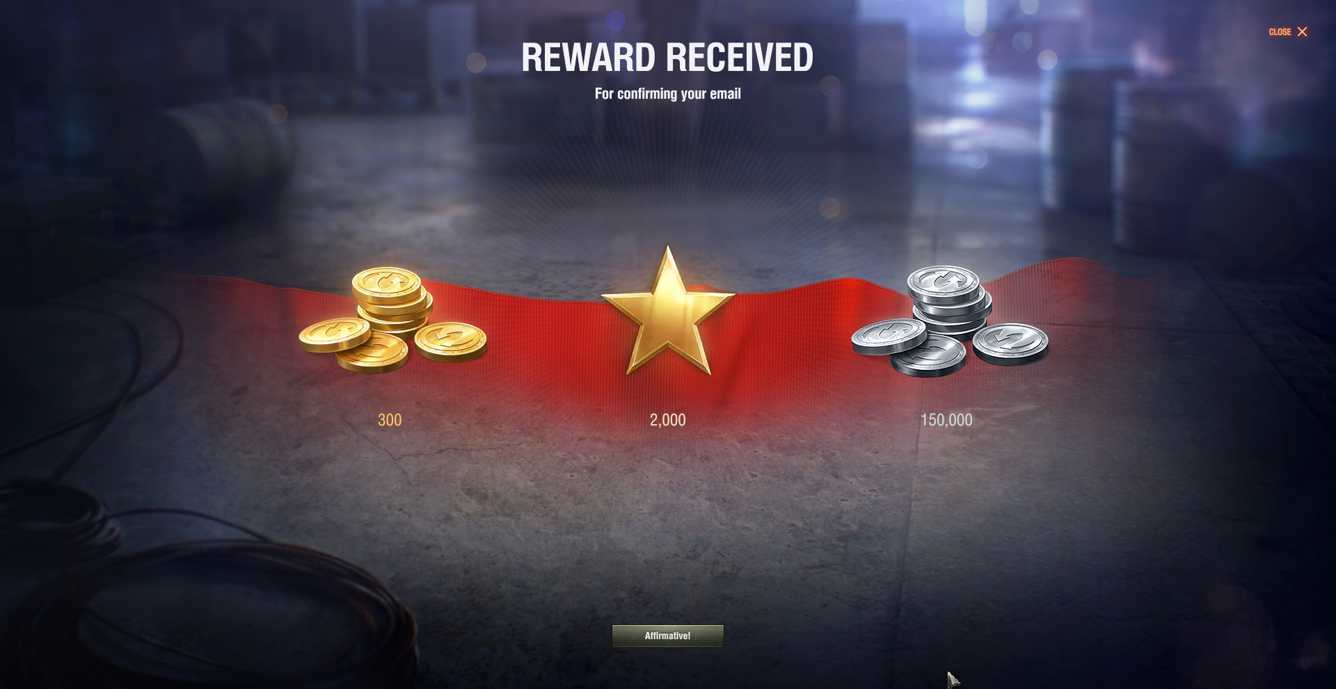 World of Tanks in-game reward screen showing 300 Gold, 2000 Free XP, and 150000 Silver credited for email confirmation.