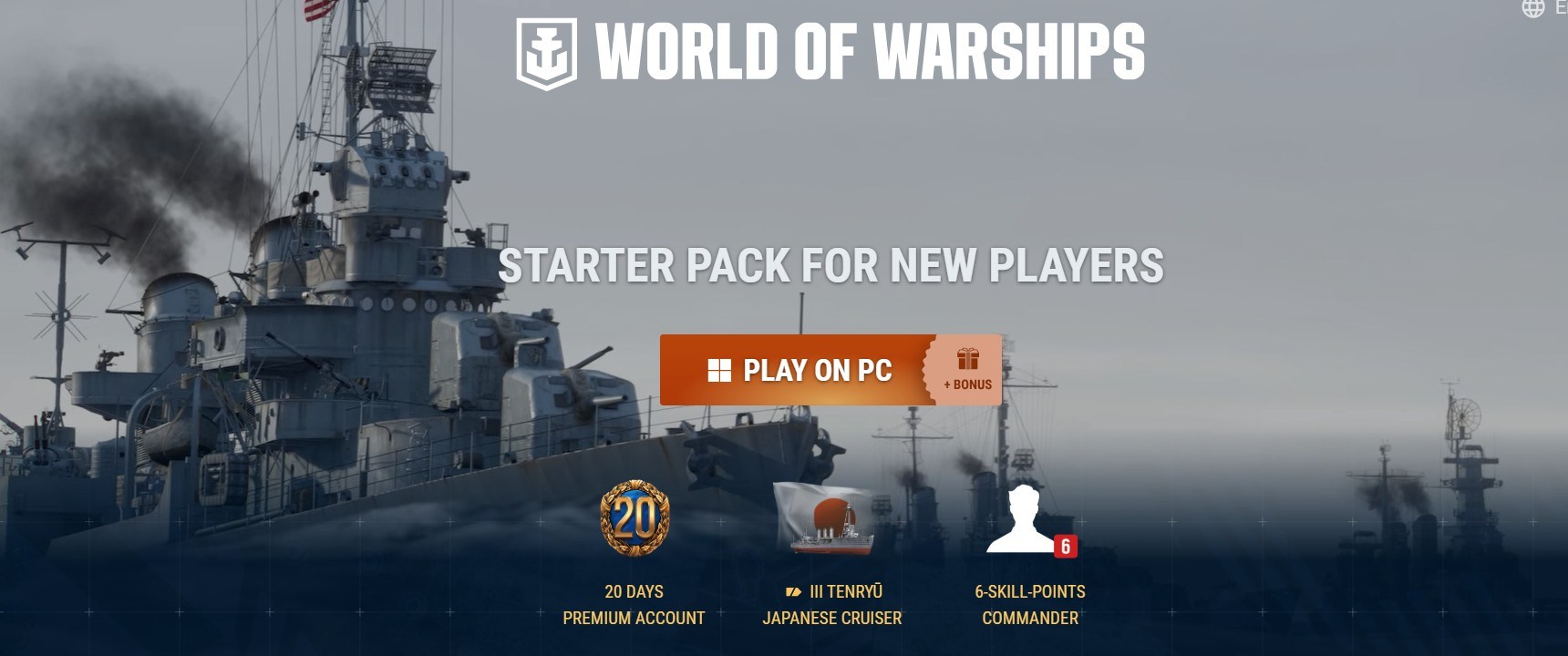 World of Warships welcome bonus with premium battleship for new players.