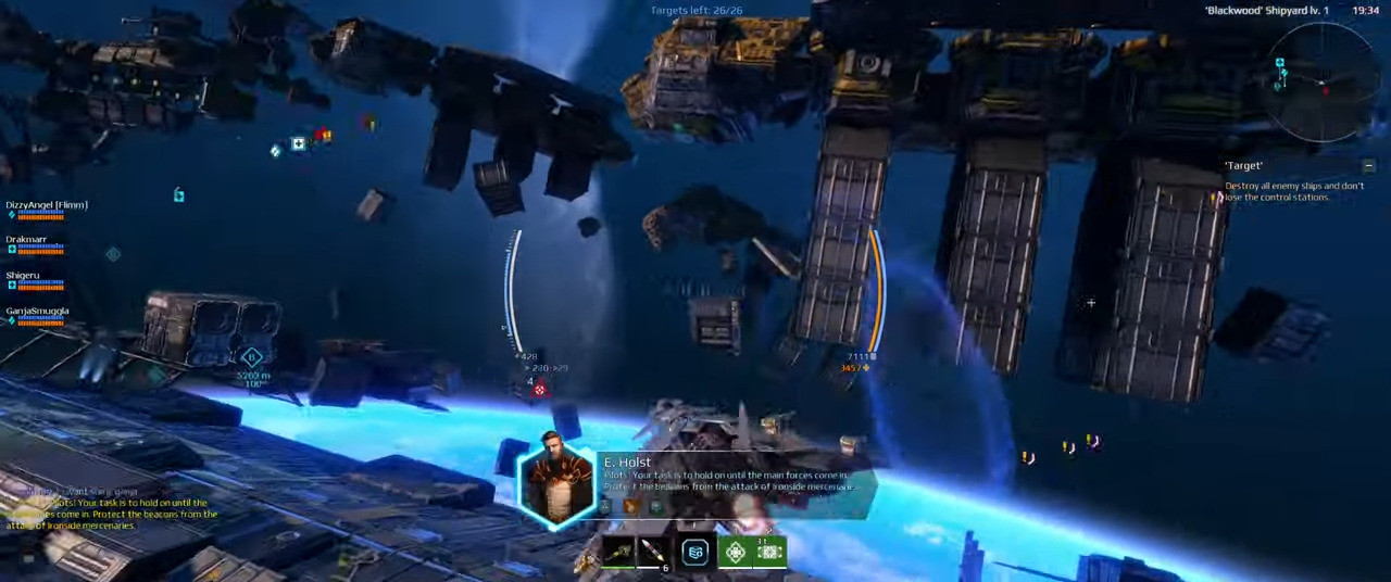 Star Conflict gameplay — PvE mission briefing at Blackwood Shipyard with squad HUD.