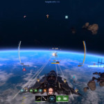 Fighter ship engaging enemy target with damage assist and team kill feed.