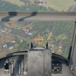 Aircraft cockpit view with targeting reticle aimed at ground troops and village below.