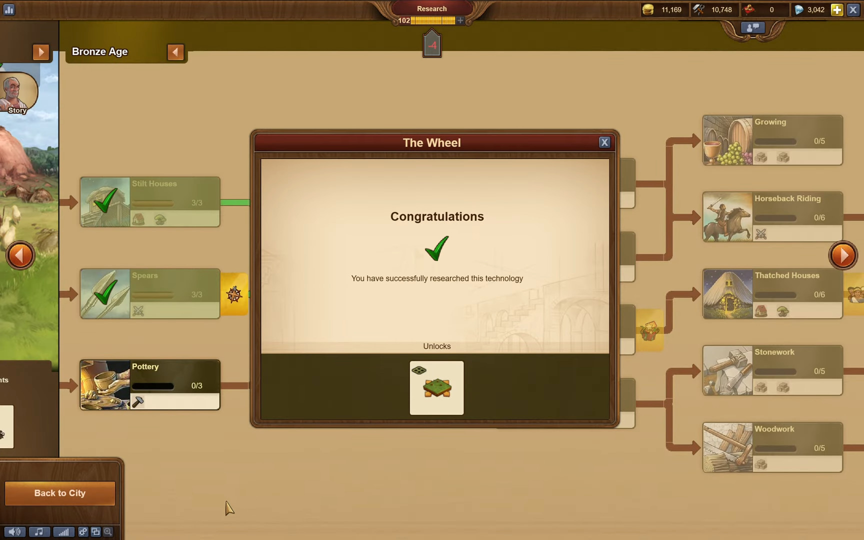 Bronze Age technology tree with completed research notification unlocking new building