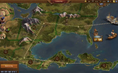 Campaign continent map showing conquered provinces, unexplored territories, and dotted path across coastal regions