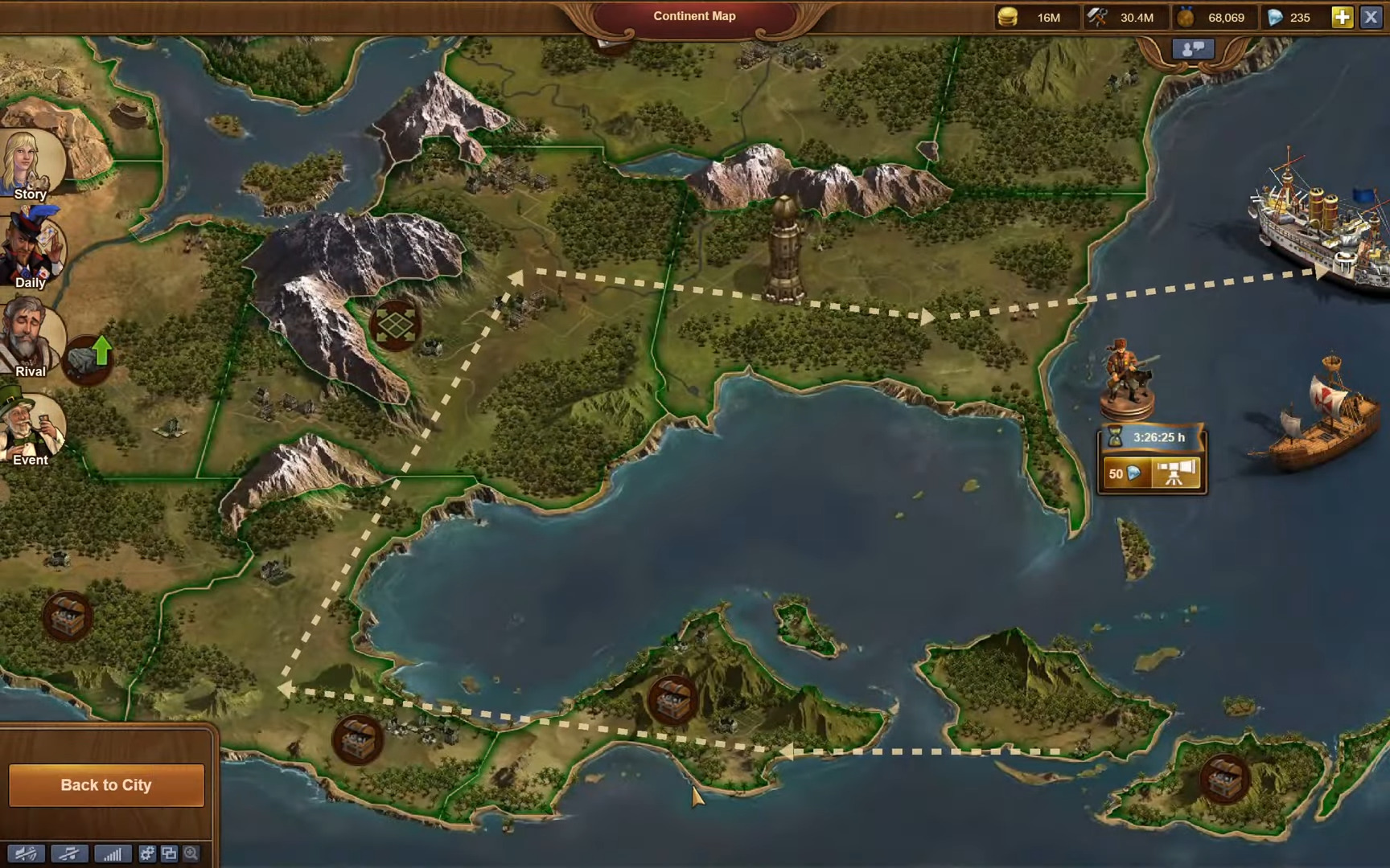 Campaign continent map showing conquered provinces, unexplored territories, and dotted path across coastal regions