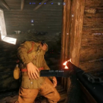 Close combat shooting wounded enemy soldier inside wooden building with assist score notification.