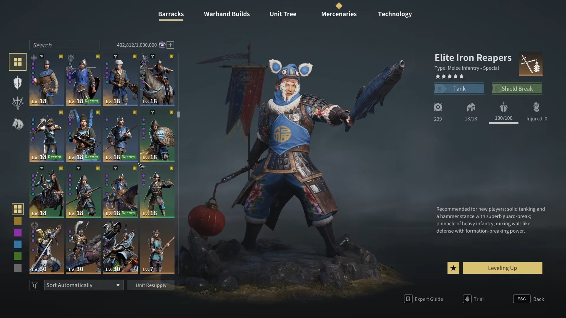 Conqueror's Blade barracks screen showing squad selection and unit stats.