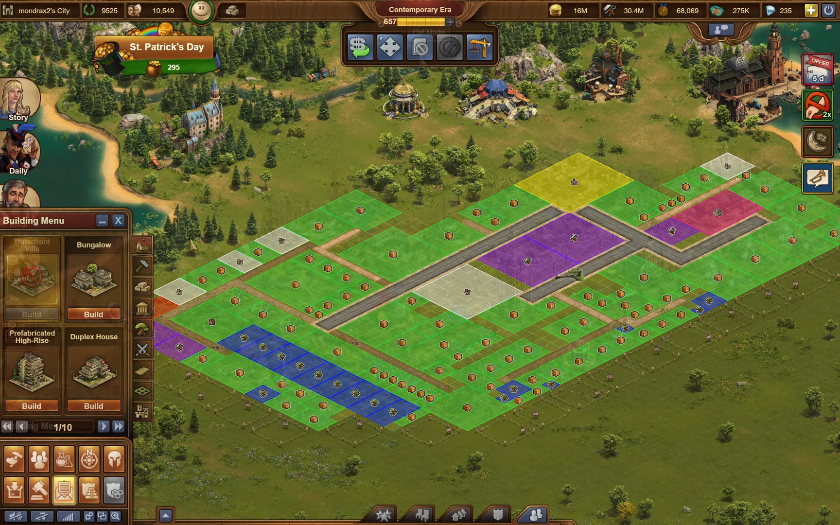 Contemporary Era city layout with color-coded building zones and construction menu showing residential options