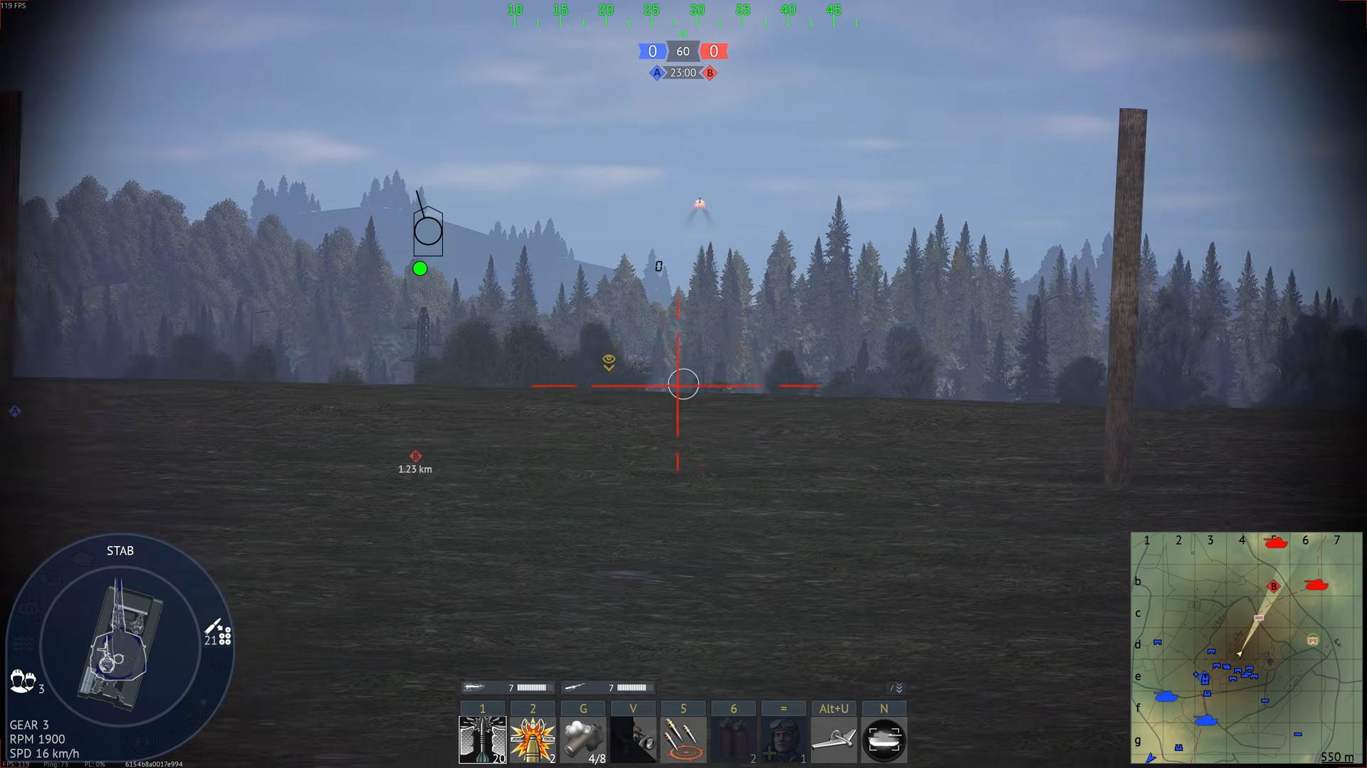 Gun sight aimed across open field toward treeline at dusk, enemy marker visible at 1.23 km with missile icon in loadout bar.
