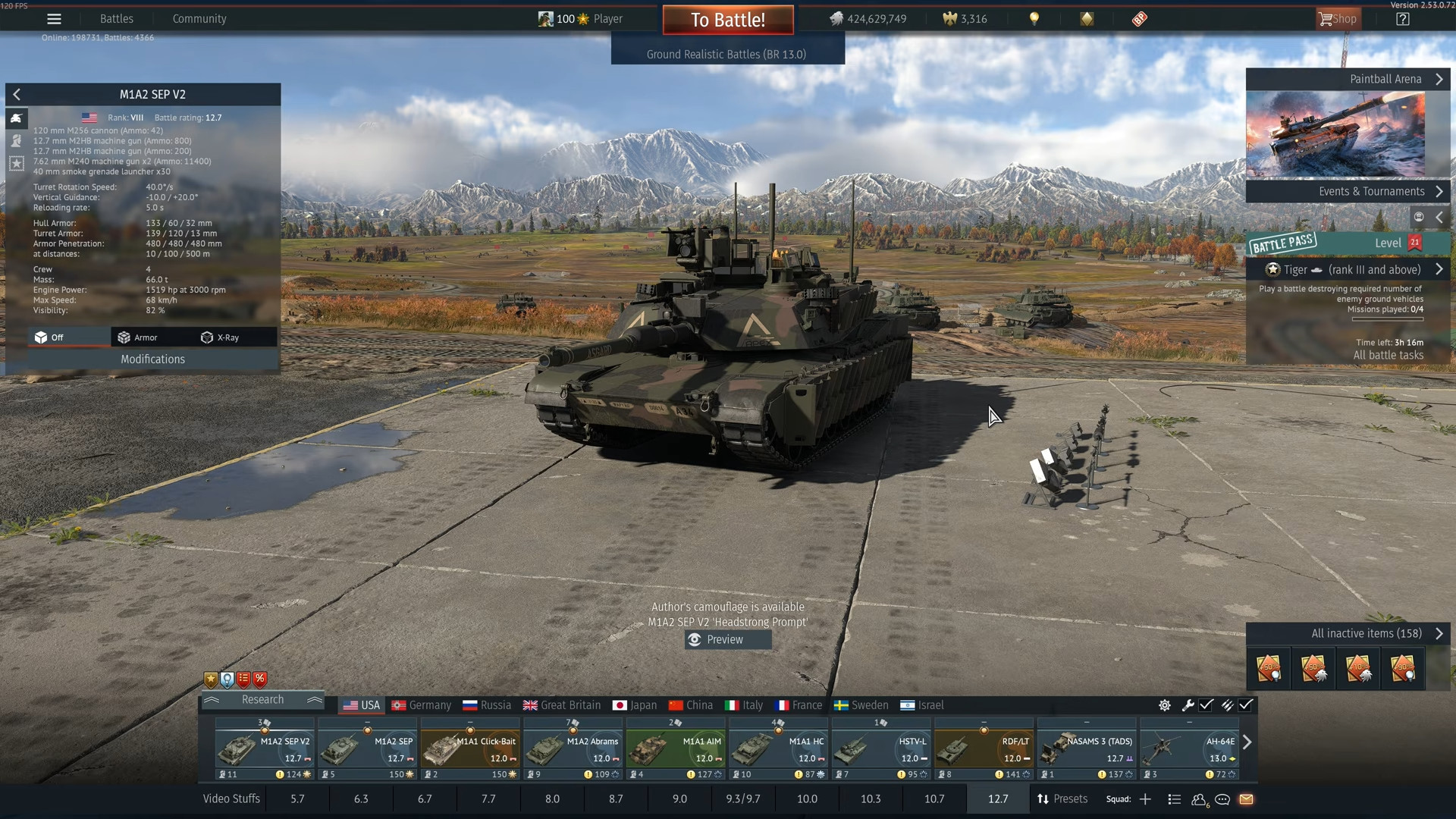 Hangar screen showing M1A2 SEP V2 Abrams with stats panel open, BR 13.0 Ground Realistic Battles selected.
