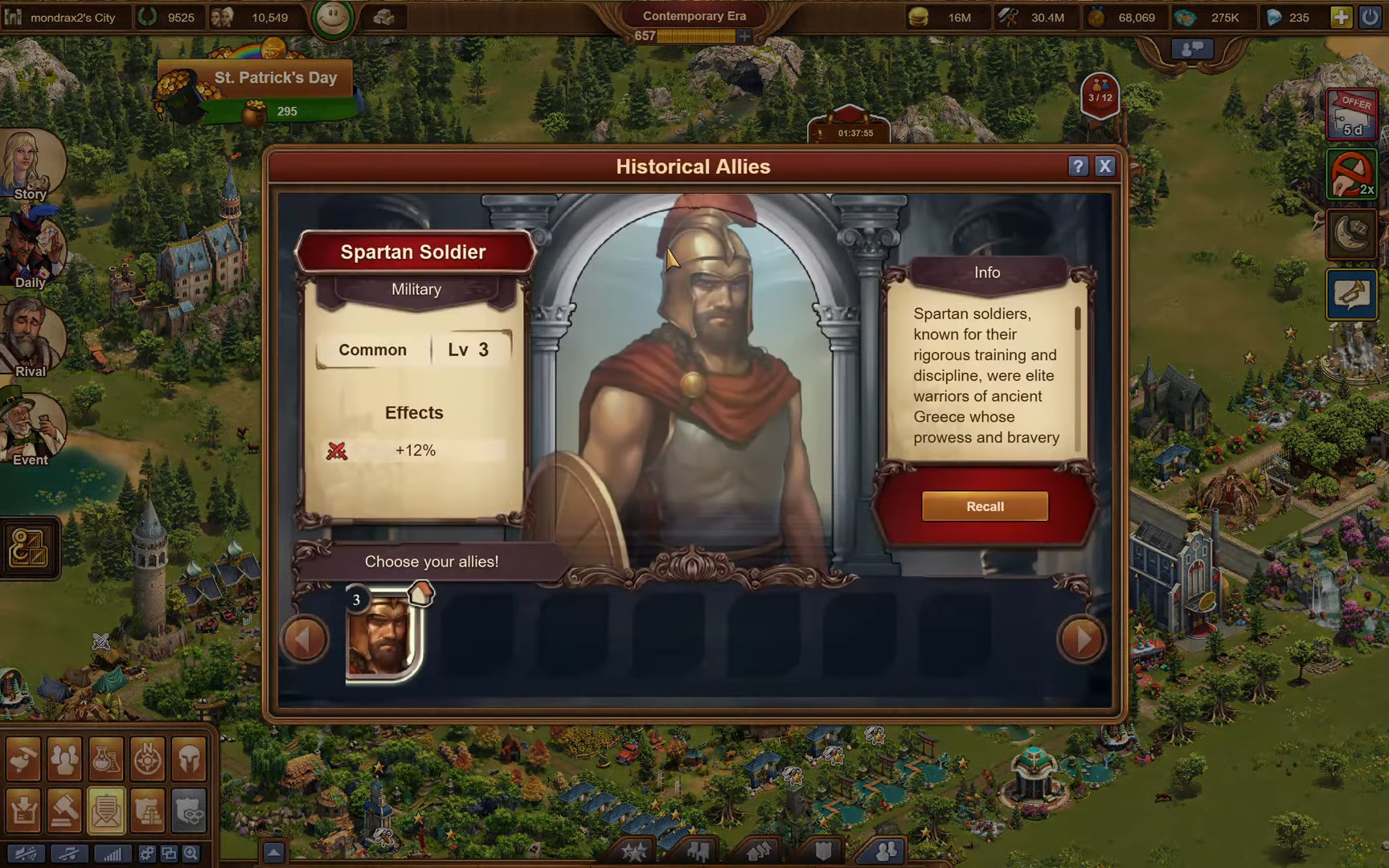 Historical Allies menu featuring Level 3 Spartan Soldier unit with bronze helmet and red cape