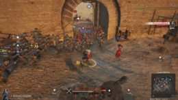 Pikemen squad pushing through a fortress gate during a siege battle.