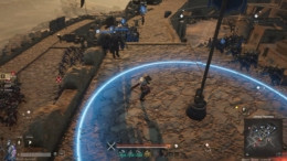 Player character casting a skill on a fortress wall during a siege.