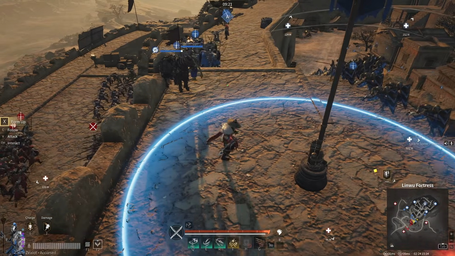 Player character casting a skill on a fortress wall during a siege.
