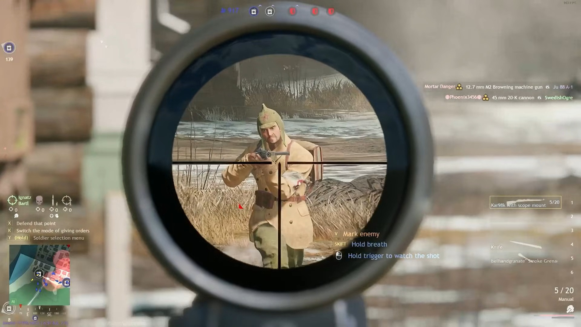 Sniper scope view targeting enemy soldier near riverbank with crosshair centered