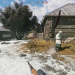 Soldier running through snowy village with rifle in first person view.