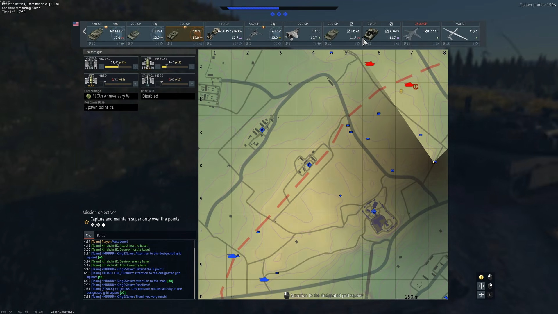 Gun sight aimed across open field toward treeline at dusk, enemy marker visible at 1.23 km with missile icon in loadout bar.