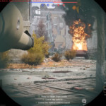 Tank gunner view targeting burning enemy vehicle on city street through optics.