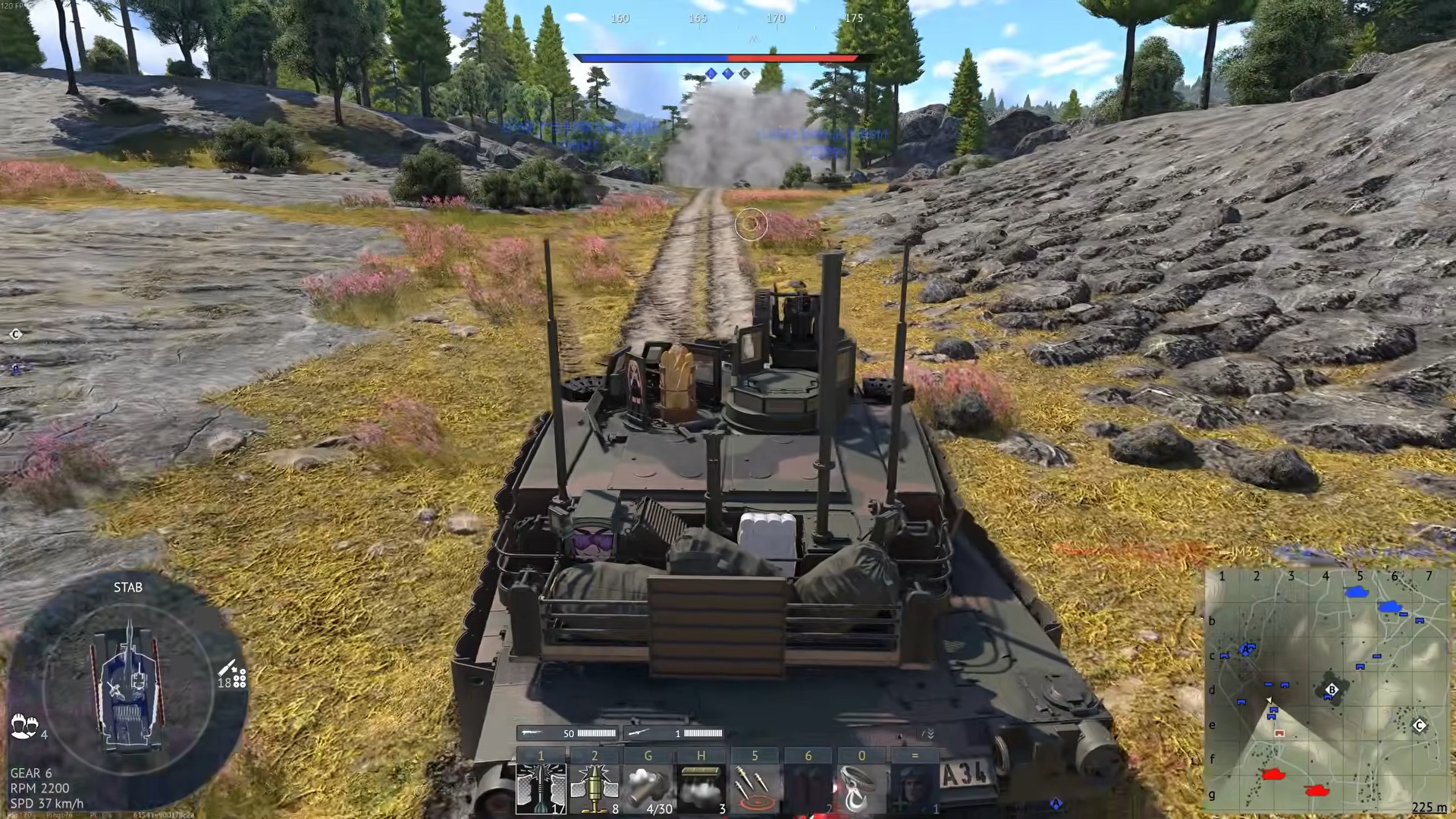 Third-person view from IFV advancing along dirt trail through rocky heathland terrain toward smoke cloud ahead.