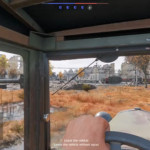 Vehicle interior view looking at urban battlefield through windshield with squad list visible