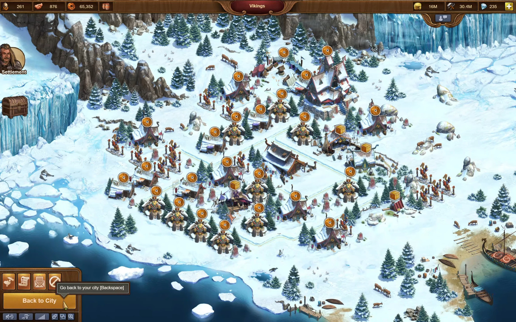 Vikings settlement with snow-covered wooden structures, quest markers, and coastal longship docking area