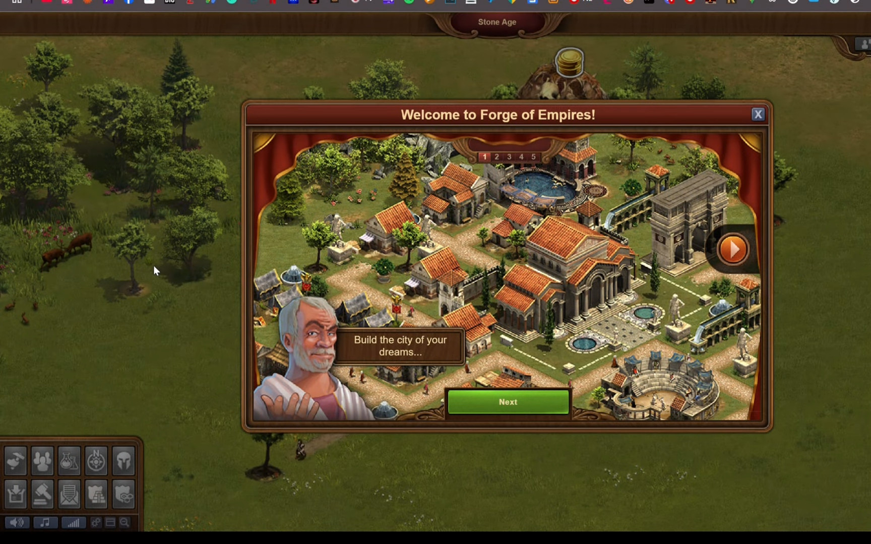 Welcome tutorial screen showing ancient settlement with stone buildings, orange tile roofs, and NPC advisor