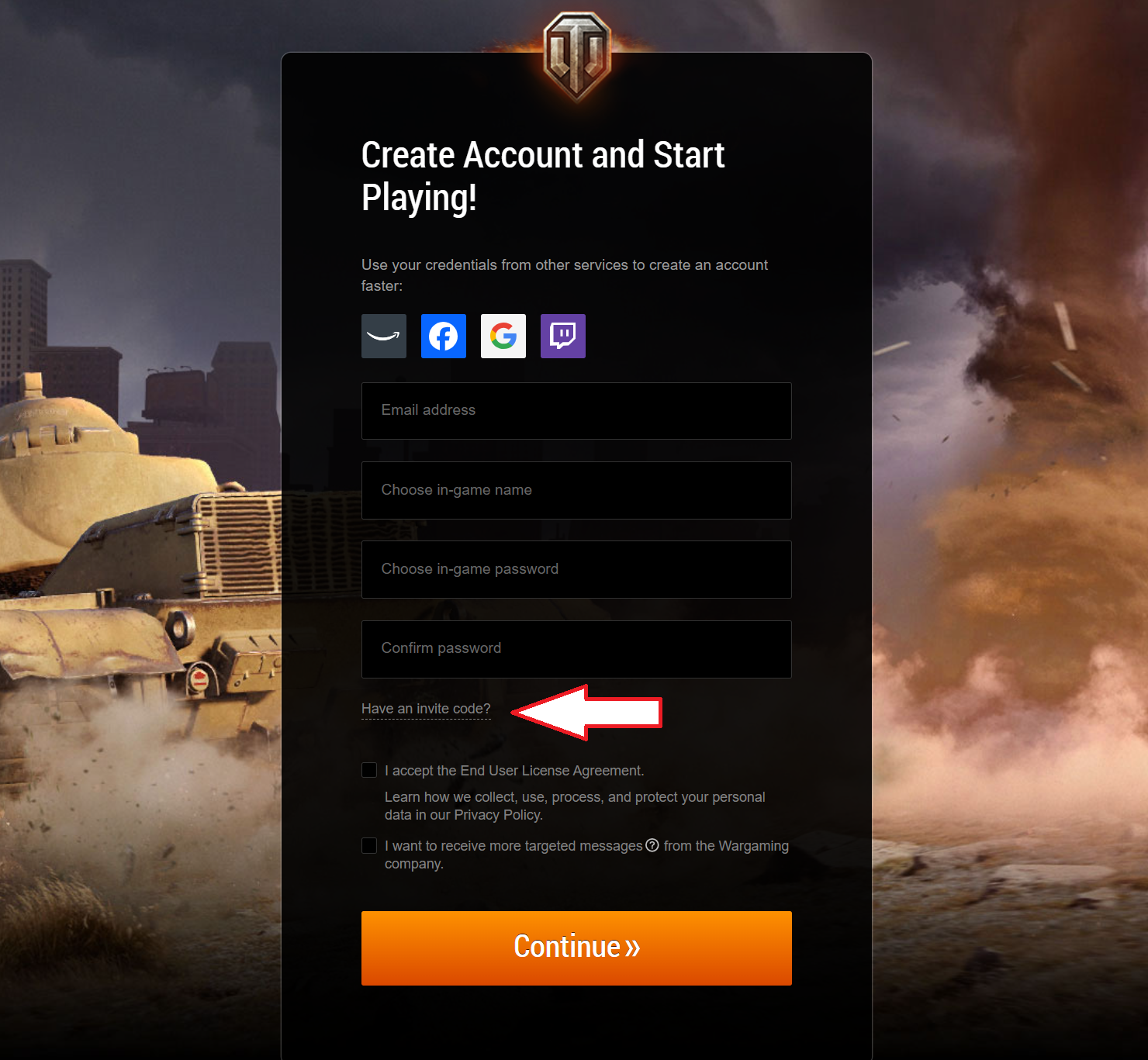 Alternative registration form – Click Have an invite code