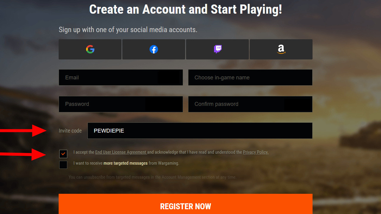Invite code field completed