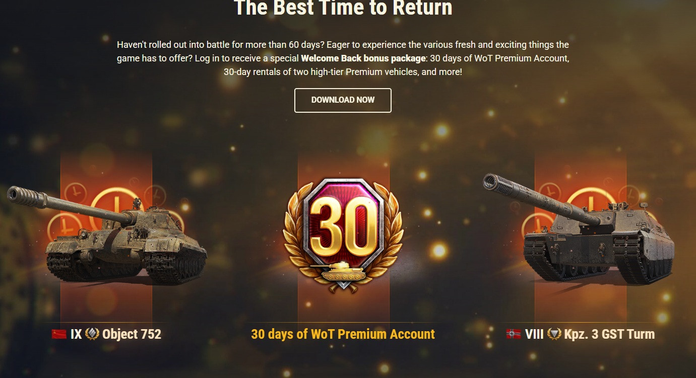 World of Tanks Welcome Back 60 day bonus Object 752, Kpz 3 GST Turm rentals, 30 days Premium