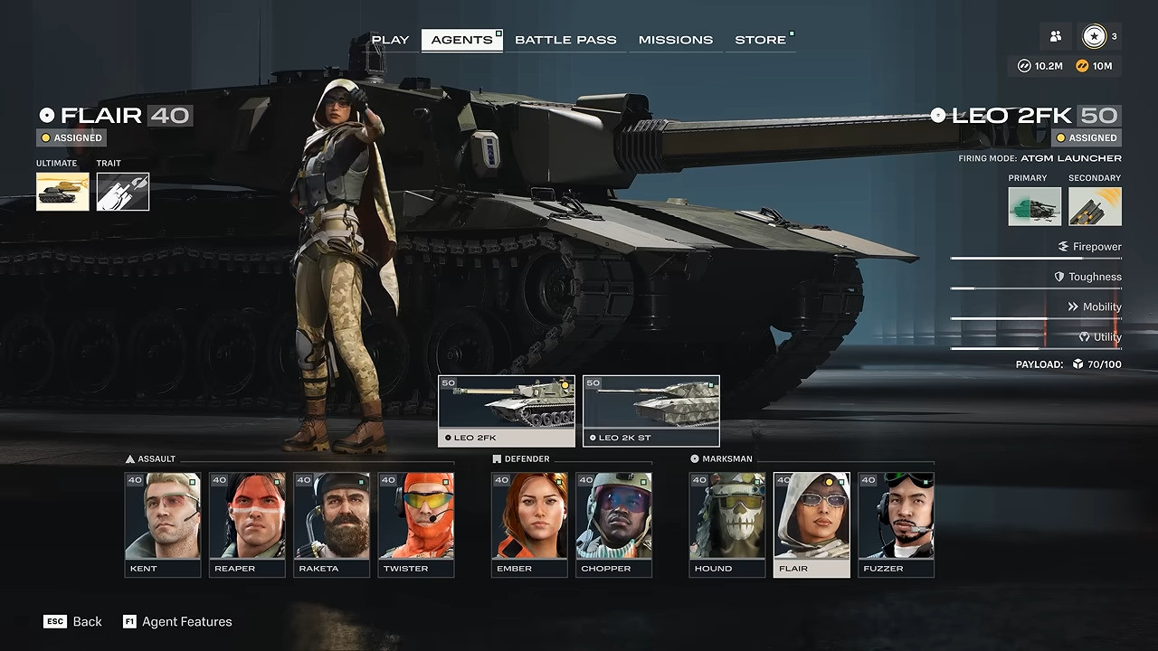 Agent selection screen with Flair assigned to the Leo 2FK tank and full roster show