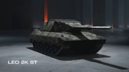 Camouflage painted Leo 2K ST tank displayed in the in game hangar