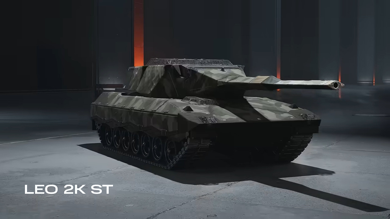 Camouflage painted Leo 2K ST tank displayed in the in game hangar