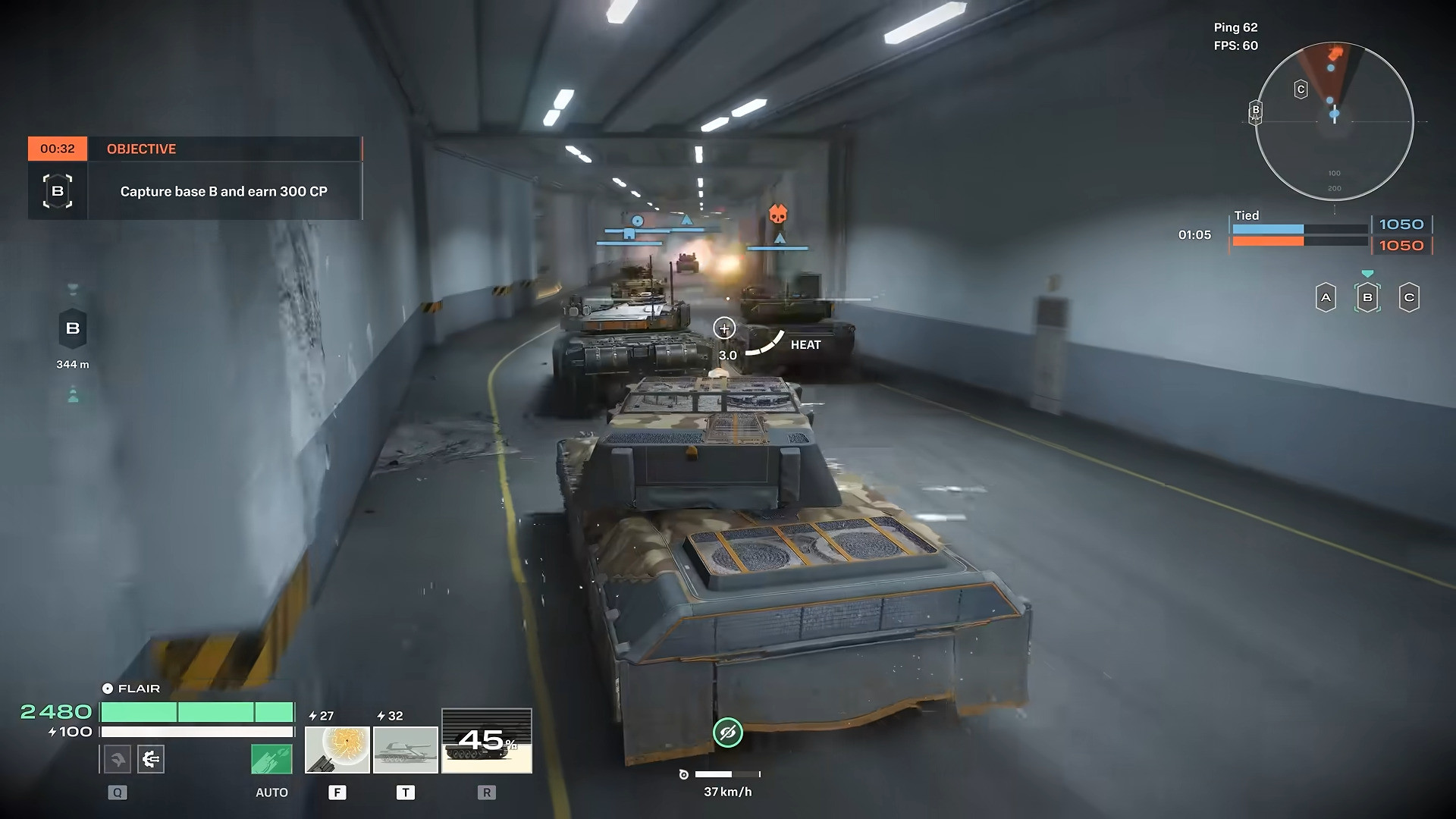 Tanks advancing through a tunnel toward base B during a capture objective